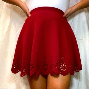 Wine red, A-Line mini skirt with detailed trim.